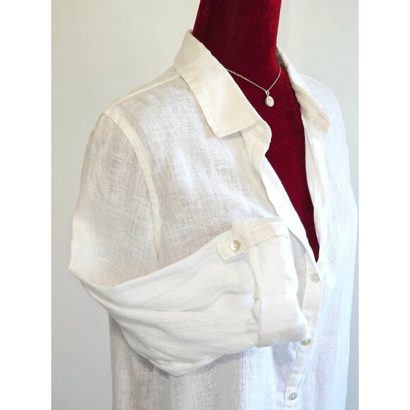 Tahari Women's White Linen Roll Tab Sleeve Collared Button-Front Top Sz L 2261 - Picture 6 of 12